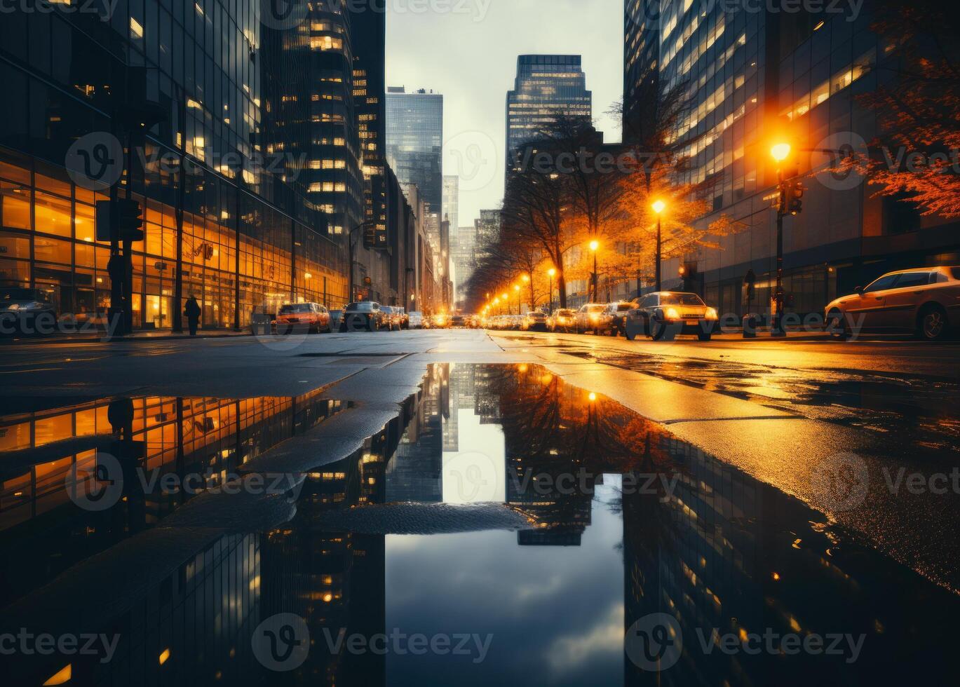 ai gerado comercial arranha-céus e prédio. uma cidade rua capturado com uma poça do água dentro a meio, refletindo a em torno da edifícios e passagem carros. foto