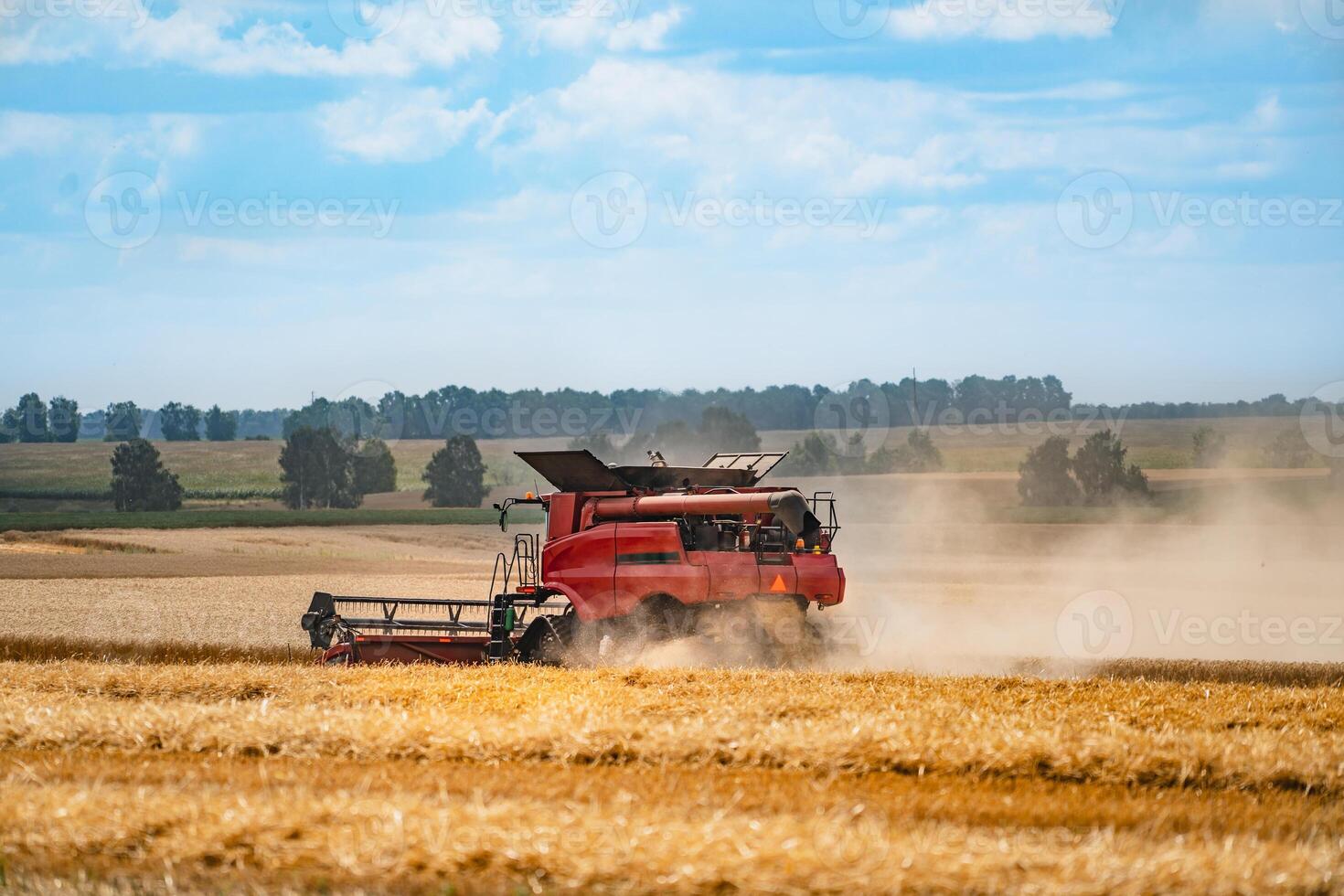 combinar colheitadeira dentro açao em a campo. combinar colheitadeira. colheita máquina para colheita uma trigo campo foto