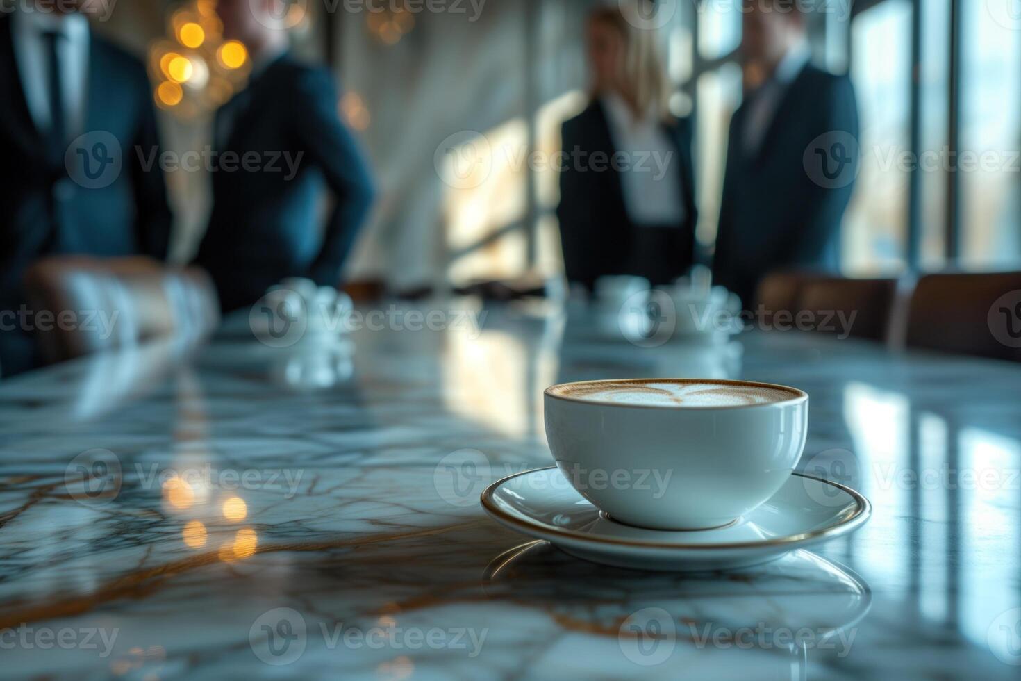 ai gerado o negócio pessoas em pé por aí uma mesa com café foto