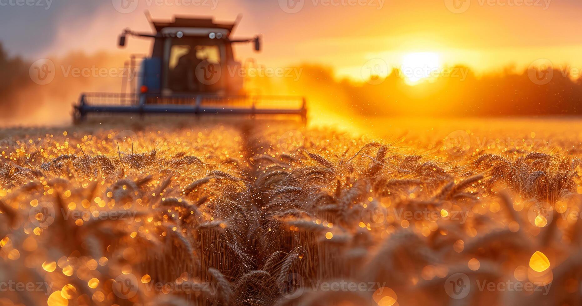 ai gerado trator dirigindo através trigo campo às pôr do sol foto