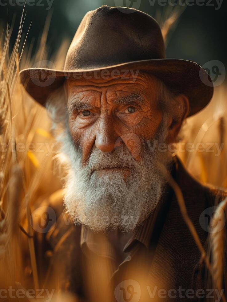 ai gerado velho agricultor com barba e chapéu dentro trigo campo. agricultor caminhando sobre uma colheita do trigo foto