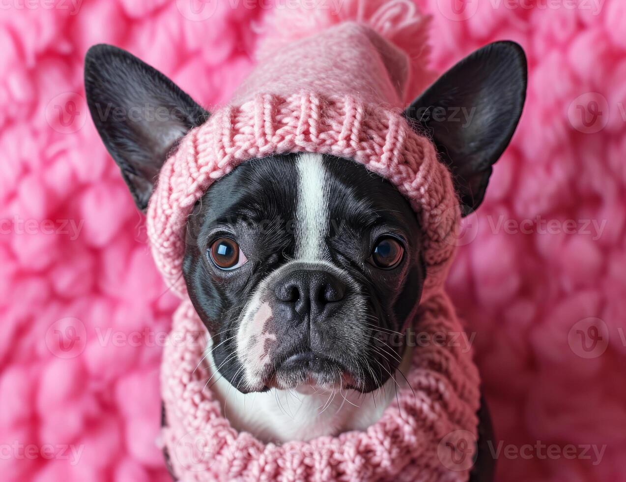 ai gerado boston terrier dentro festa chapéu vestindo Rosa vestir. uma Preto e branco cachorro é visto vestindo uma Rosa chapéu e lenço. foto