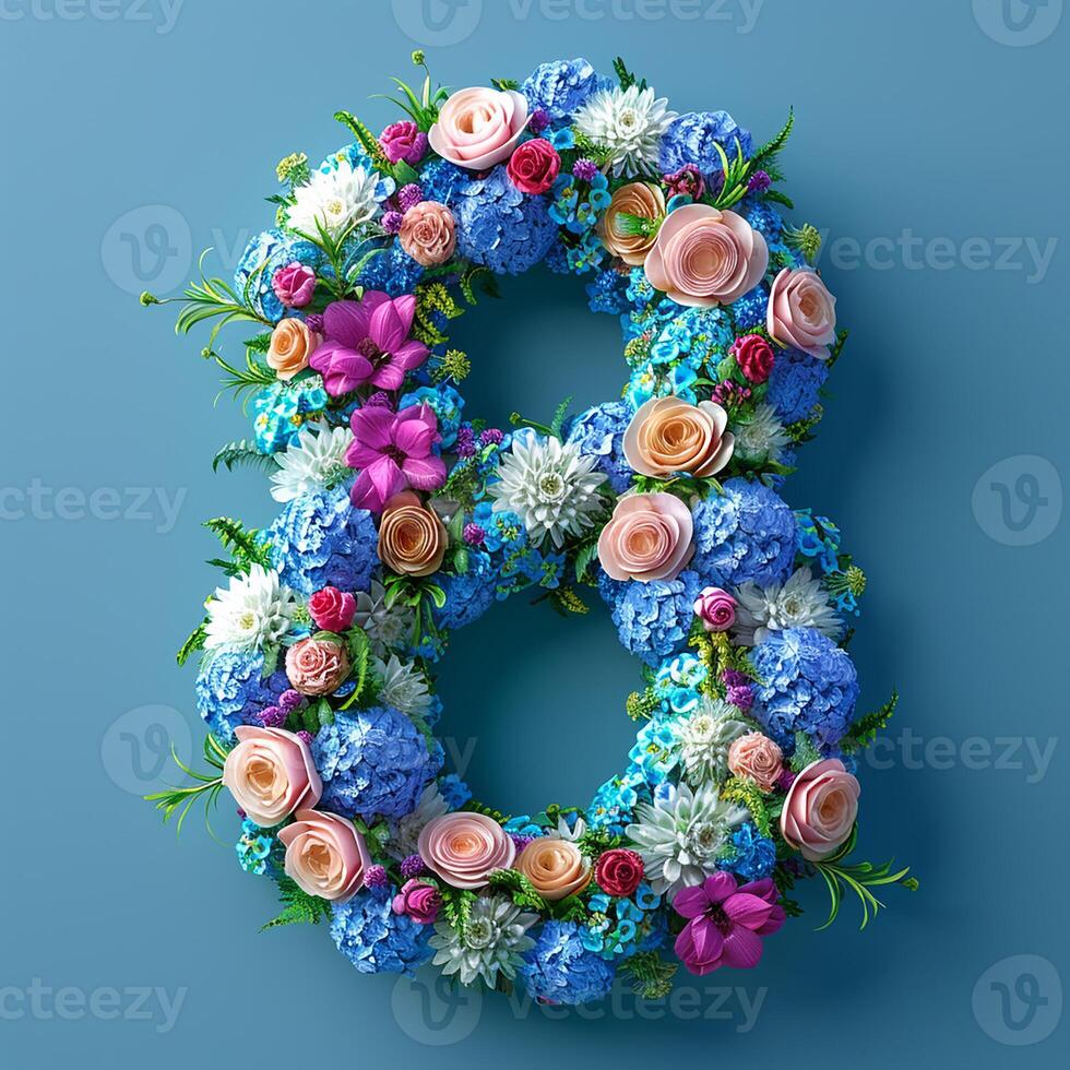 ai gerado número 8 fez a partir de flores decoração para marcha 8, internacional mulheres dia. em uma Rosa fundo foto