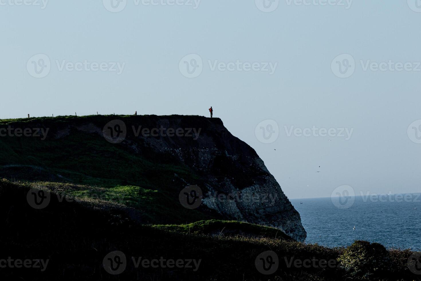 silhueta do uma pessoa em pé em uma penhasco negligenciar a mar com Claro céu dentro flamborough, Inglaterra. foto