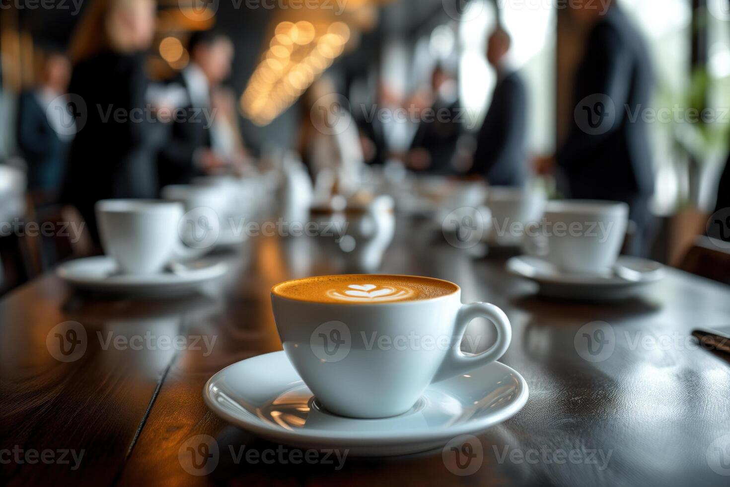 ai gerado o negócio pessoas em pé por aí uma mesa com café foto