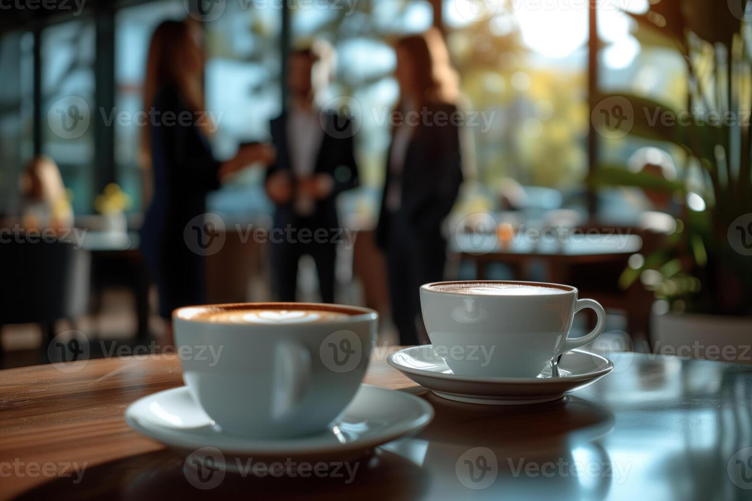 ai gerado o negócio pessoas em pé por aí uma mesa com café foto