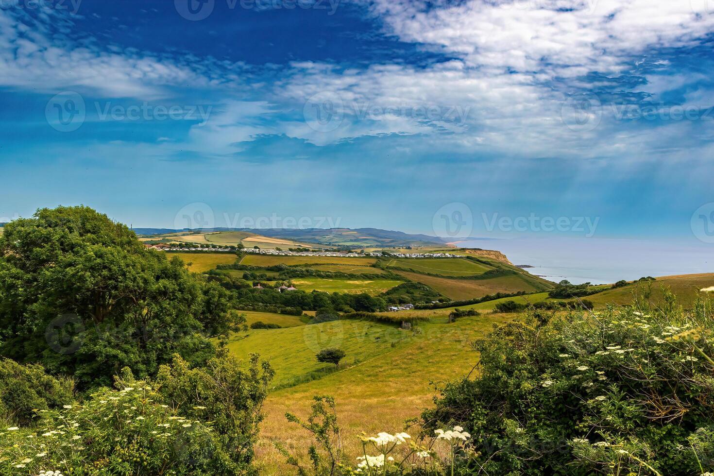 idílico campo panorama com exuberante verde Campos, rolando colinas, e uma Claro azul céu com fofo nuvens. foto