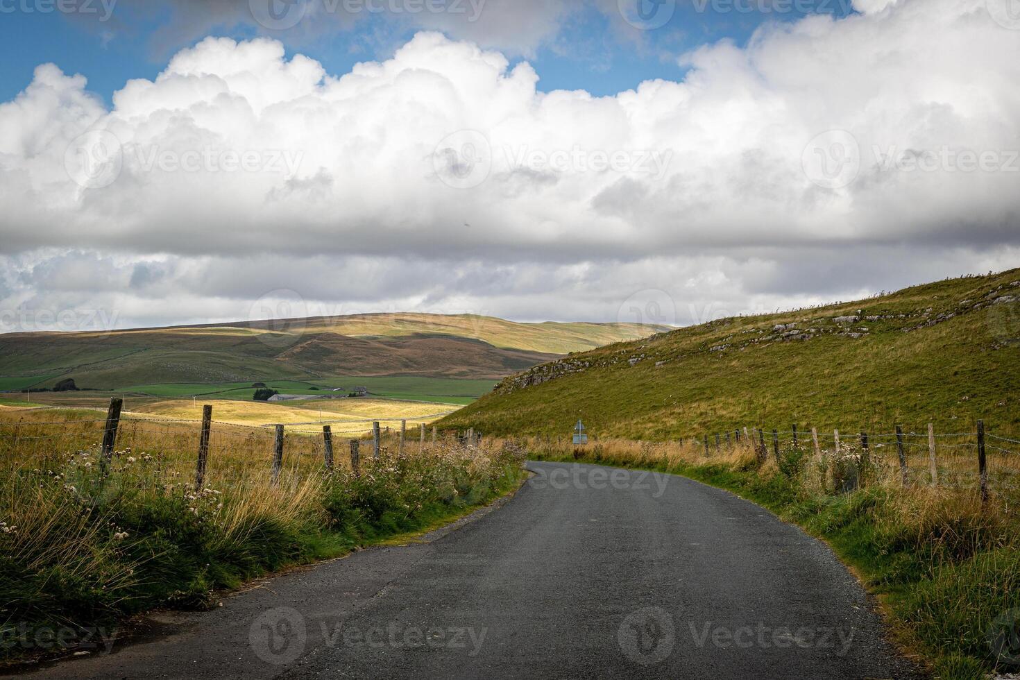 rural estrada conduzindo através rolando colinas debaixo uma nublado céu, com verde Campos e de madeira cerca em a lado. foto