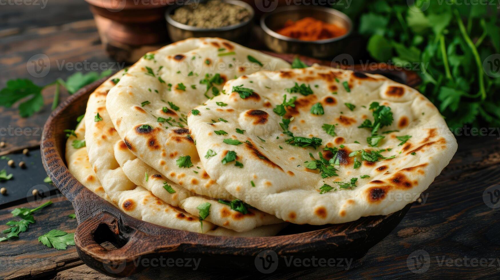 ai gerado indiano naan pão em uma placa, pão sírio adornado com salsinha e especiarias, ai gerado. foto