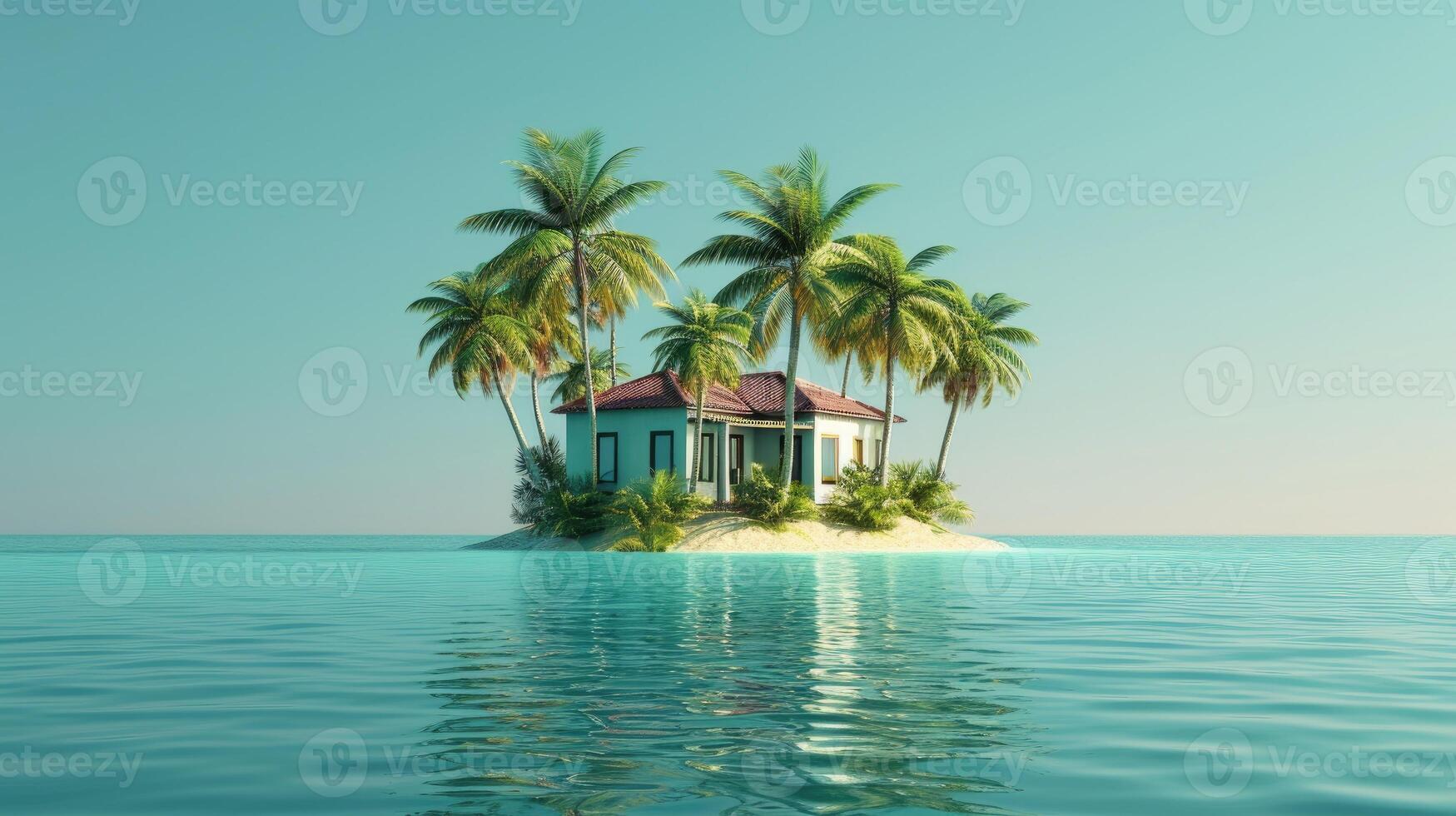 ai gerado uma pequeno ilha adornado com Palma árvores e uma encantador casa, uma pitoresco paraíso. ai gerado. foto