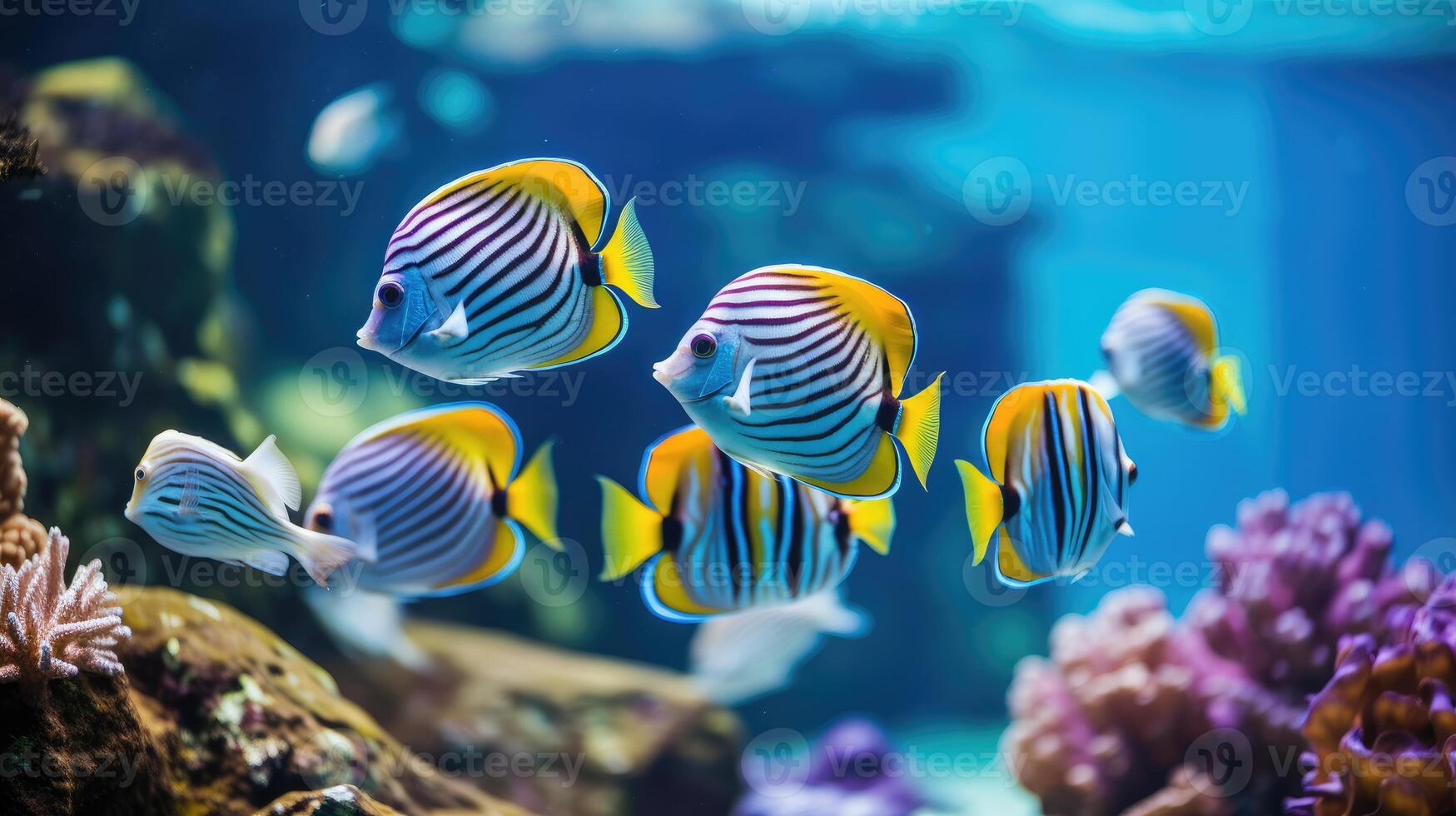 ai gerado tropical peixe com vibrante listras nadar dentro perfeito formação Como uma escola, ai gerado. foto