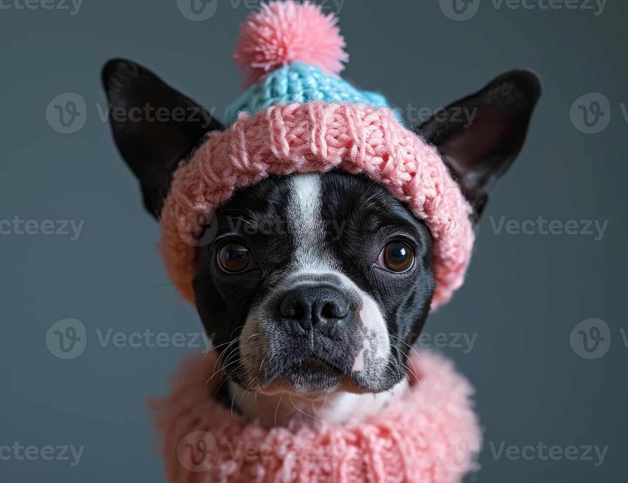 ai gerado boston terrier dentro festa chapéu vestindo Rosa vestir. uma Preto e branco cachorro vestindo uma Rosa chapéu e cachecol carrinhos ao ar livre, cercado de neve. foto