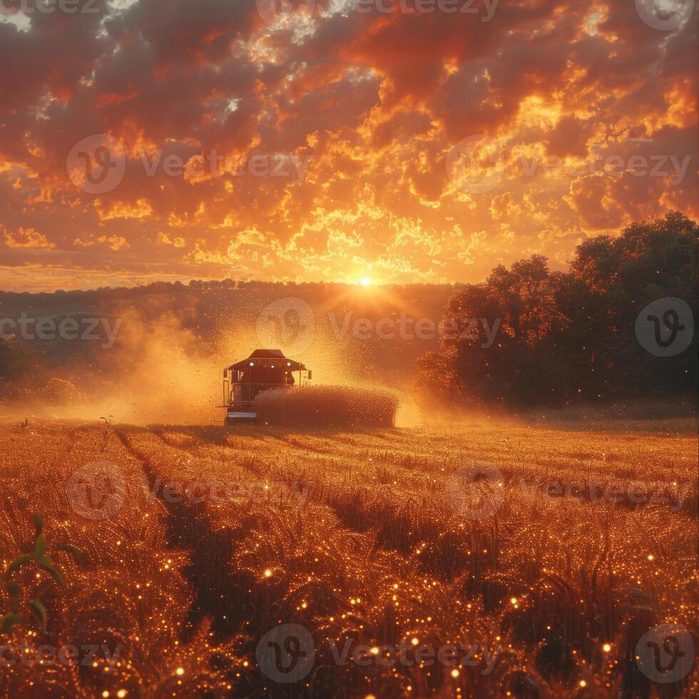 ai gerado agricultores colheita trigo. uma combinar caminhão drives através uma trigo campo às pôr do sol, colheita a dourado cortar. foto