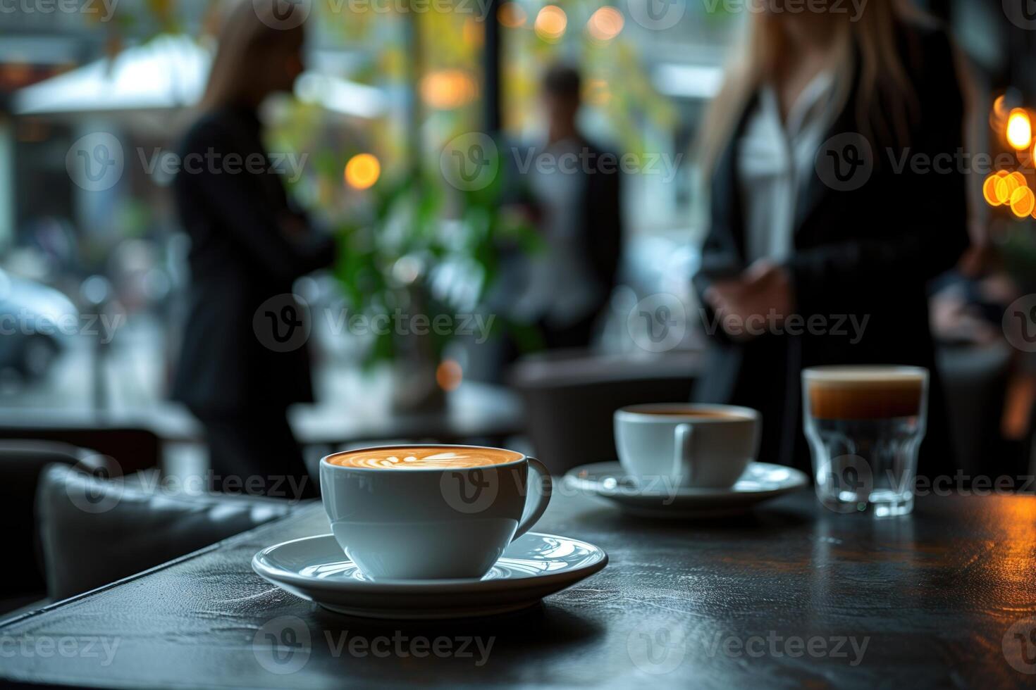 ai gerado o negócio pessoas em pé por aí uma mesa com café foto