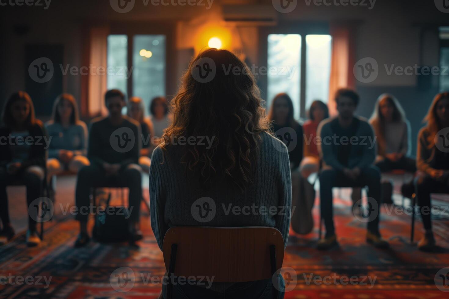 ai gerado pessoas sentado dentro cadeiras com terapeutas, dentro a estilo do solto gestos foto