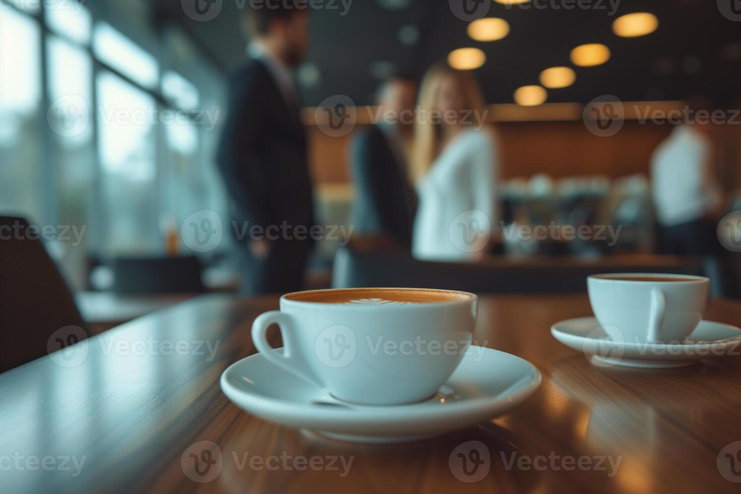 ai gerado o negócio pessoas em pé por aí uma mesa com café foto