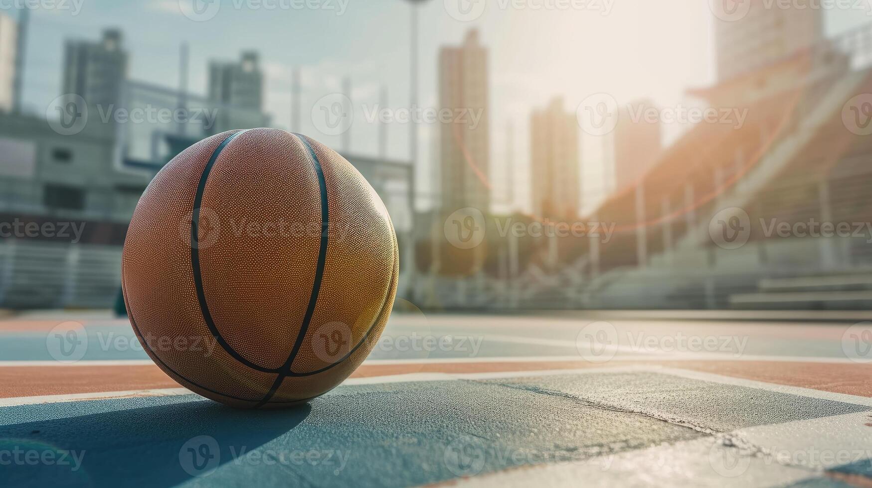 ai gerado basquetebol bola posicionado antes uma moderno arena uma dinâmico Esportes instantâneo. estádio antecipação, ai gerado. foto