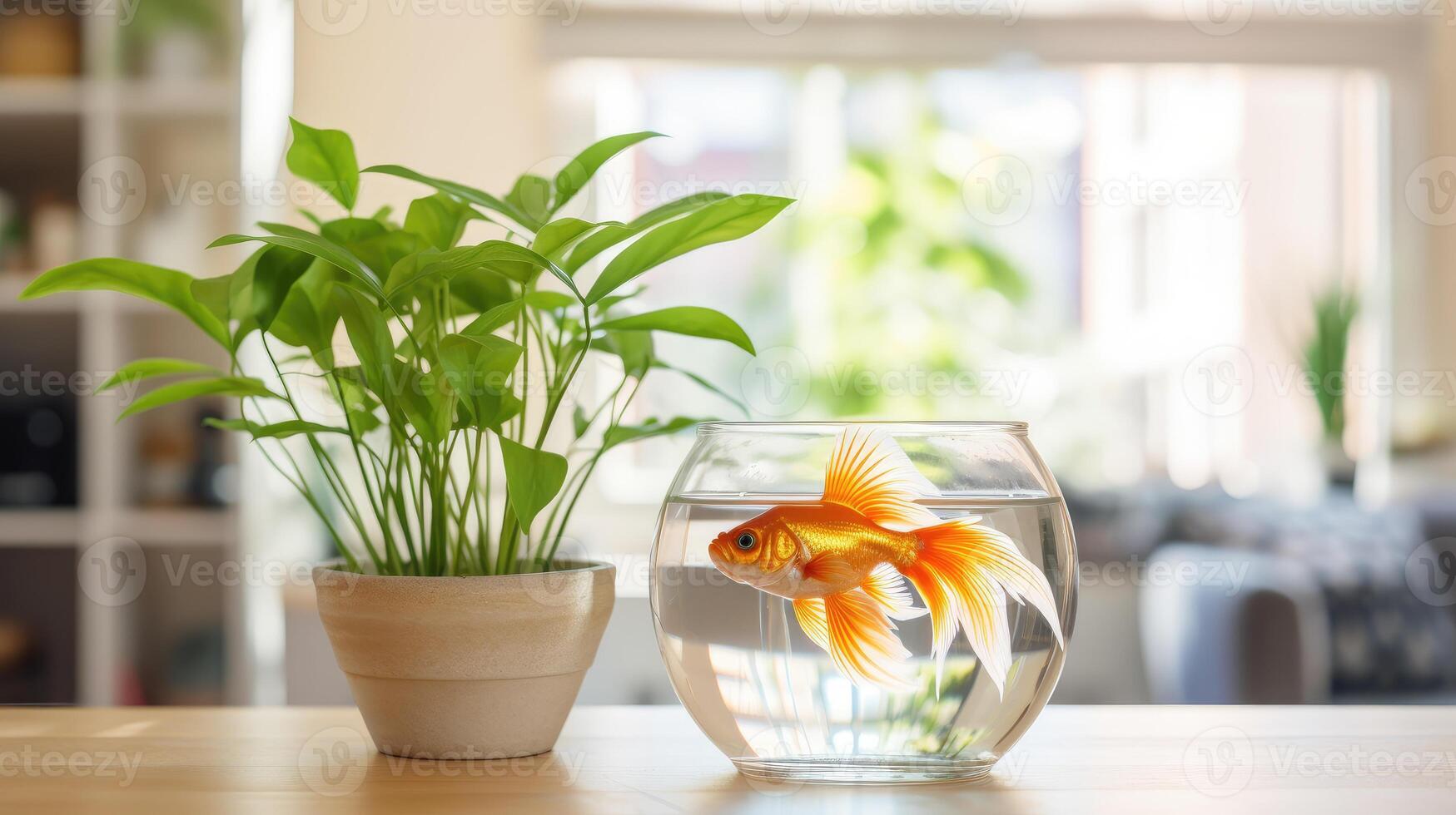 ai gerado vibrante peixinho graciosamente nada dentro Claro tigela ao lado verde em vaso plantar em de madeira mesa dentro brilhante interior, ai gerado. foto