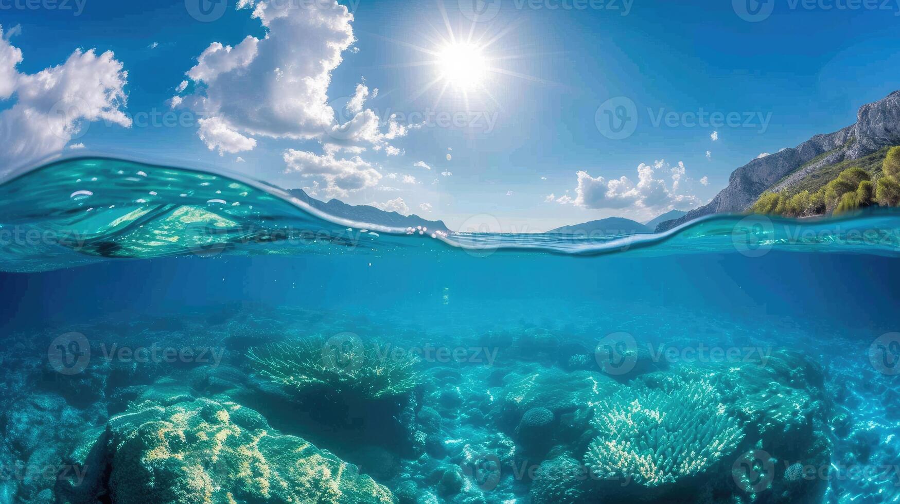 ai gerado uma Dividido Visão captura a sereno mar e ensolarado céu, oferta uma tranquilo embaixo da agua perspectiva. ai gerado. foto