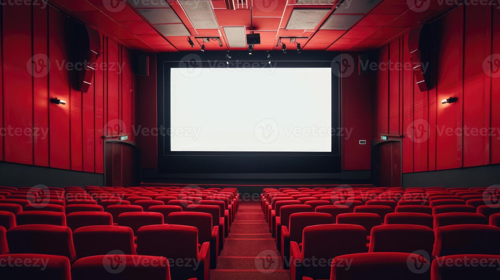 ai gerado a esvaziar cinema corredor características uma impressionante vermelho cor esquema e uma branco em branco tela, ai gerado. foto