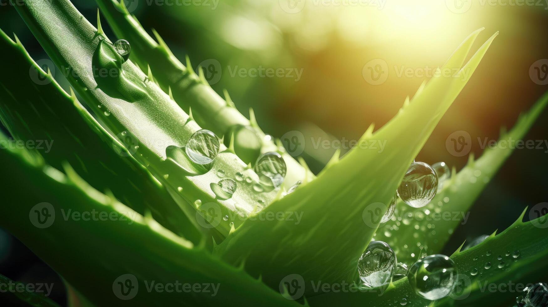 ai gerado aloés vera adornado com água gotas leva Centro etapa dentro uma tirar o fôlego natural contexto, ai gerado. foto