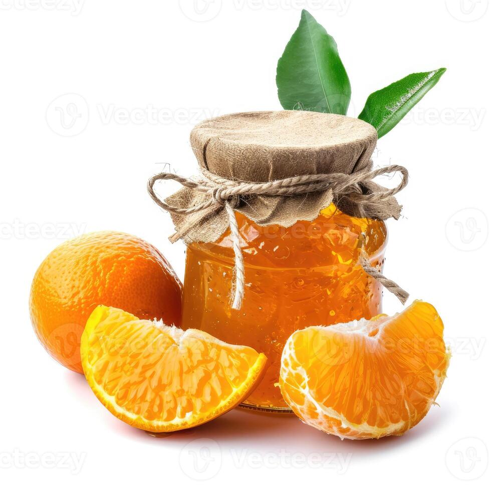 ai gerado uma jarra do caseiro laranja geléia com fresco laranjas, isolado em uma branco fundo. ai gerado. foto