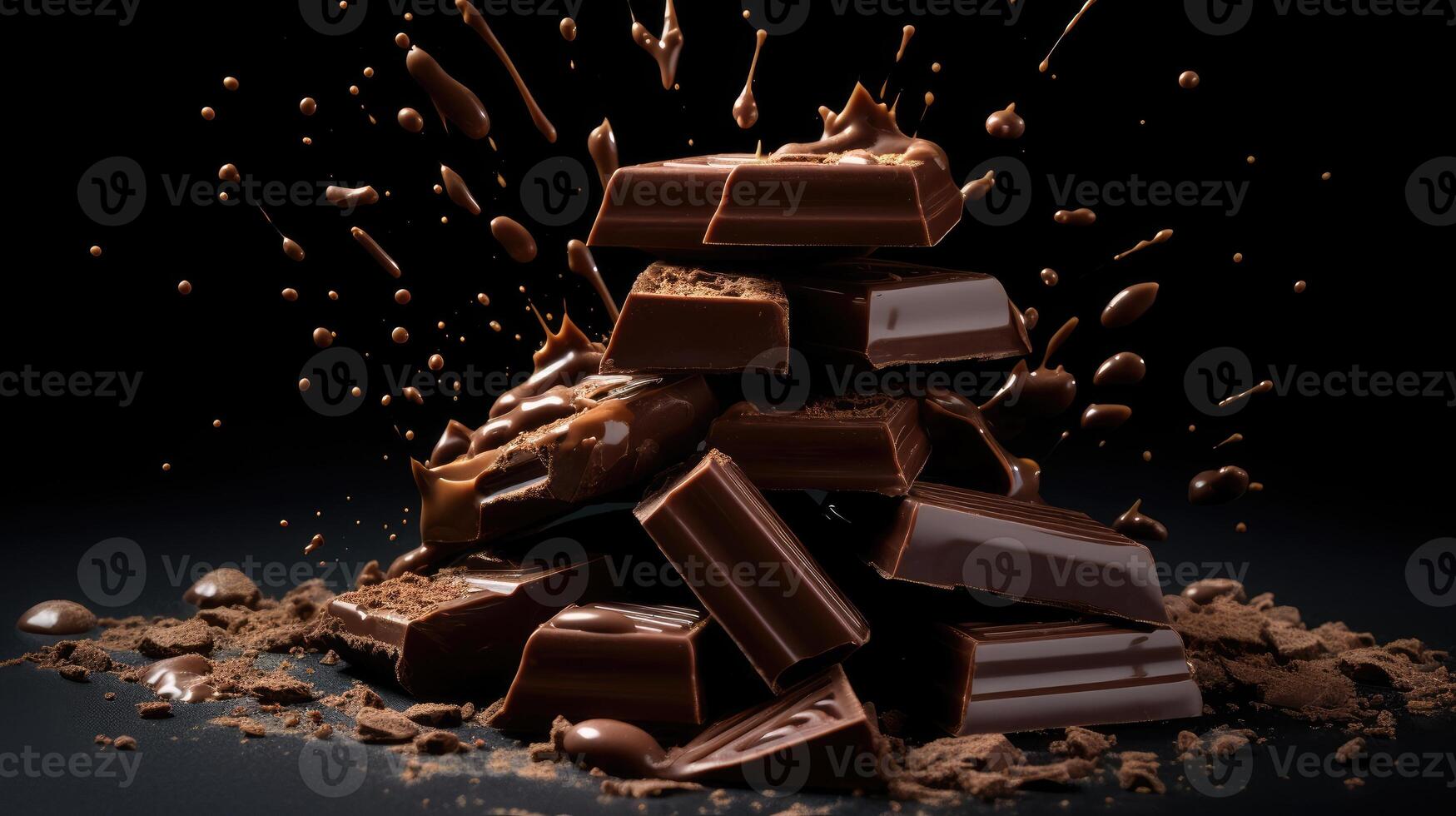 ai gerado derretido chocolate gotas em chocolate peças, Preto fundo. decadente fascínio, ai gerado. foto