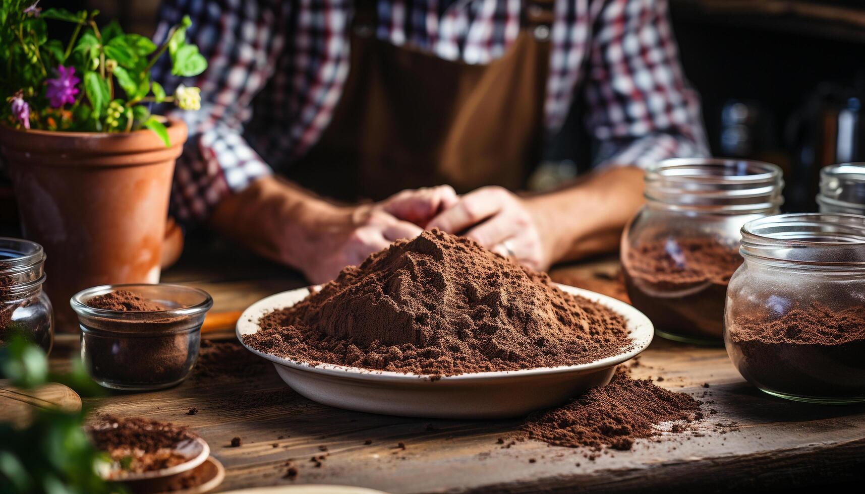 ai gerado jovem adulto barista preparando caseiro gourmet quente chocolate dentro de casa gerado de ai foto