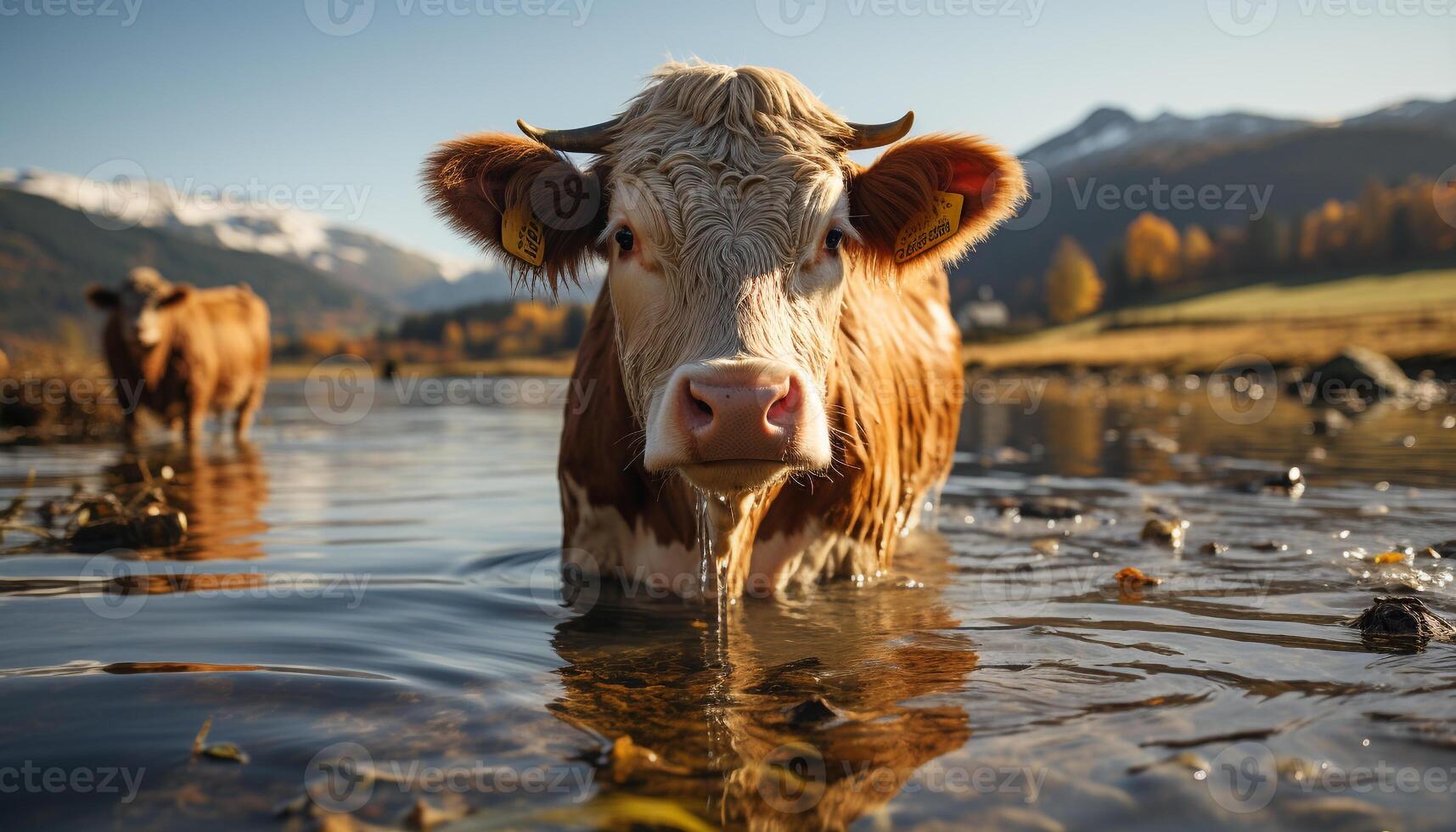 ai gerado vaca pastar dentro uma verde Prado, refletindo a beleza do natureza gerado de ai foto