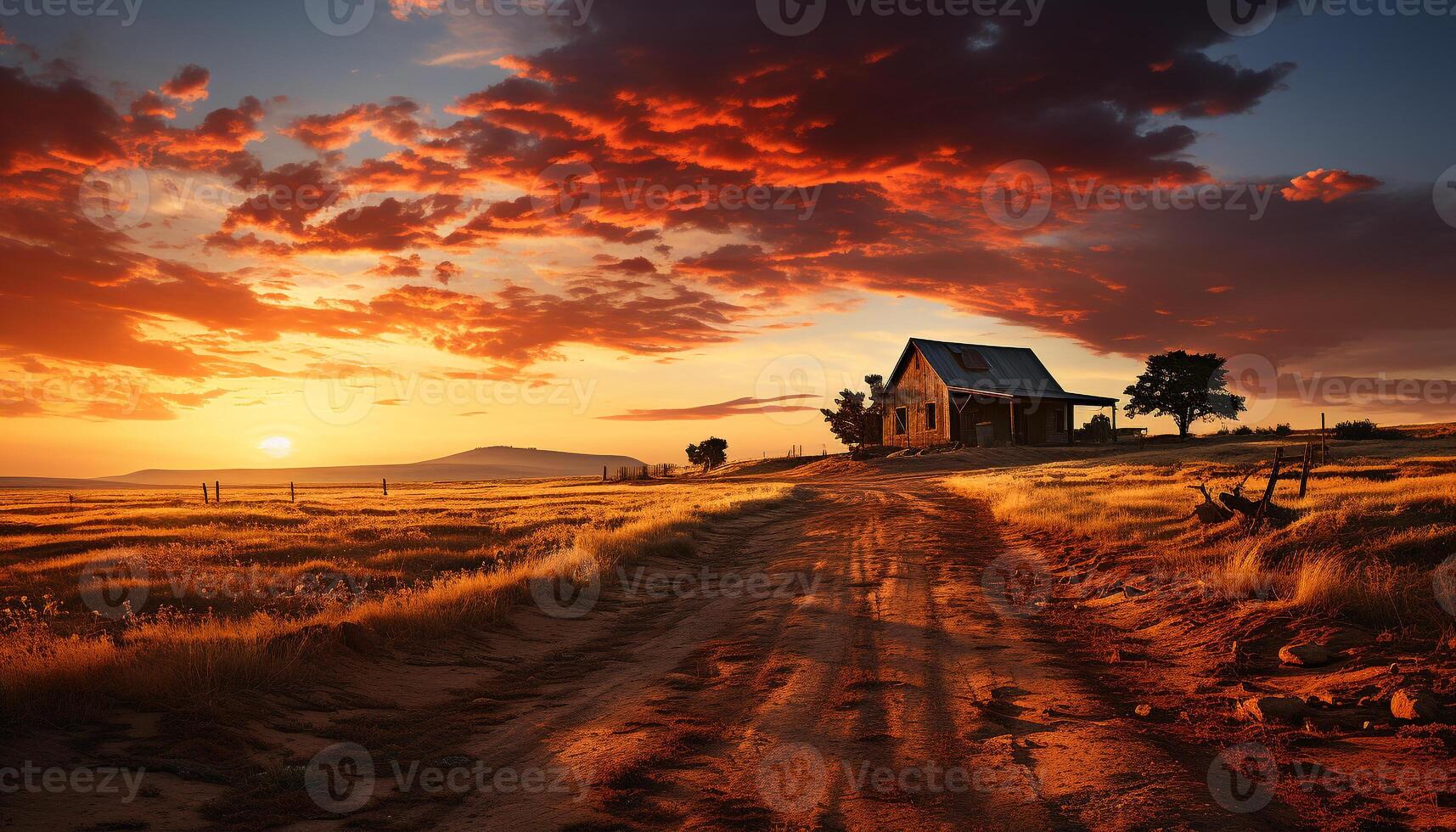 ai gerado tranquilo pôr do sol sobre rural paisagem, natureza beleza dentro não urbano cena gerado de ai foto