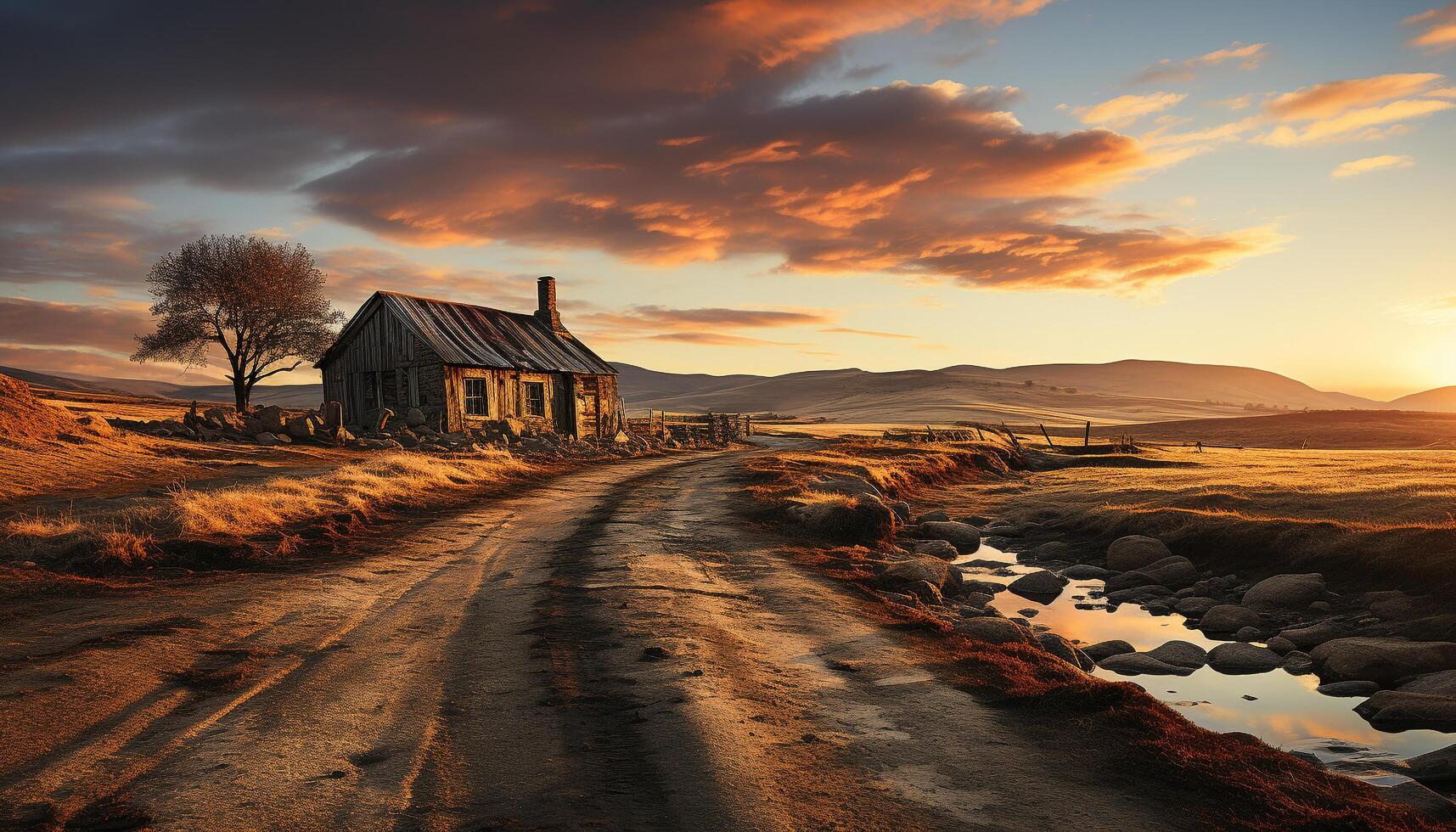 ai gerado tranquilo pôr do sol sobre velho fazenda, abandonado cabana dentro controlo remoto panorama gerado de ai foto
