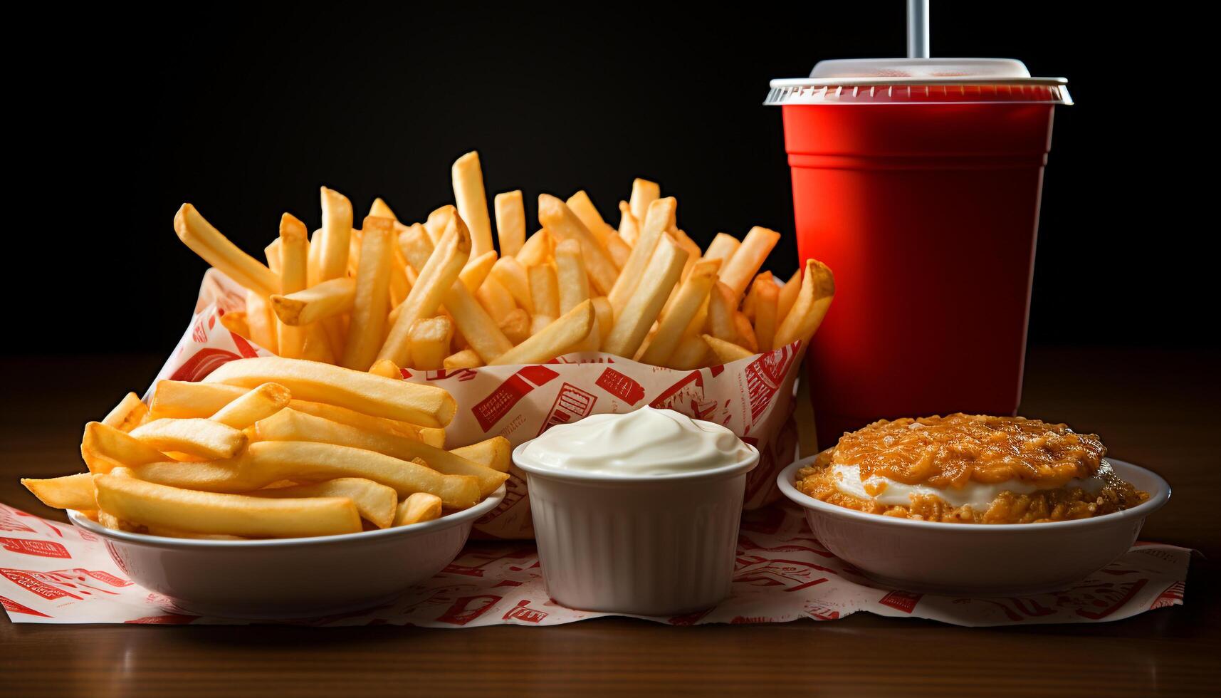ai gerado velozes Comida refeição fritas, hambúrguer, refrigerante, ketchup, dentro descartável recipiente gerado de ai foto