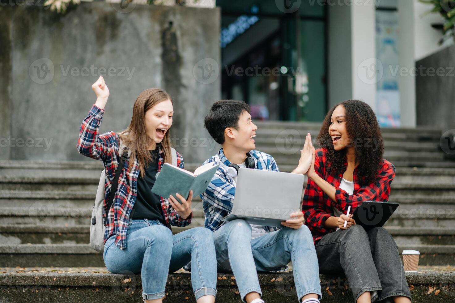 jovem Faculdade alunos e uma fêmea aluna grupo trabalhos às a campus parque foto