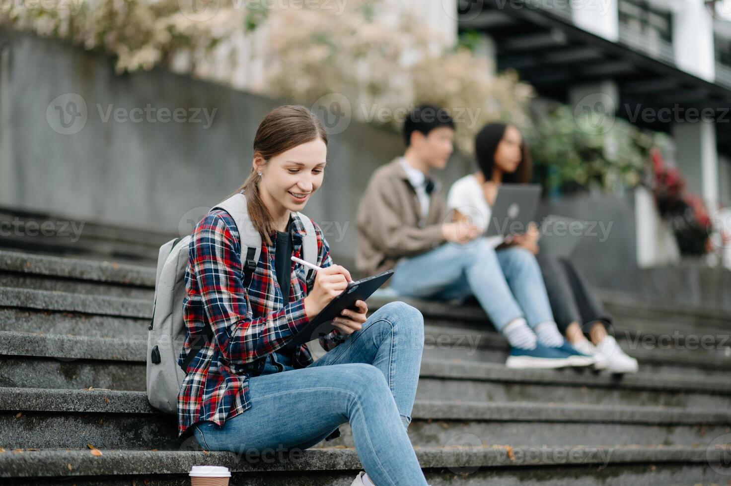 jovem Faculdade alunos e uma fêmea aluna grupo trabalhos às a campus parque foto