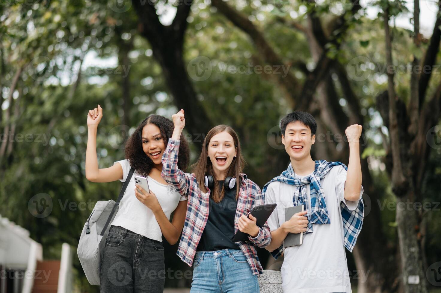 jovem Faculdade alunos e uma fêmea aluna grupo trabalhos às a campus parque foto