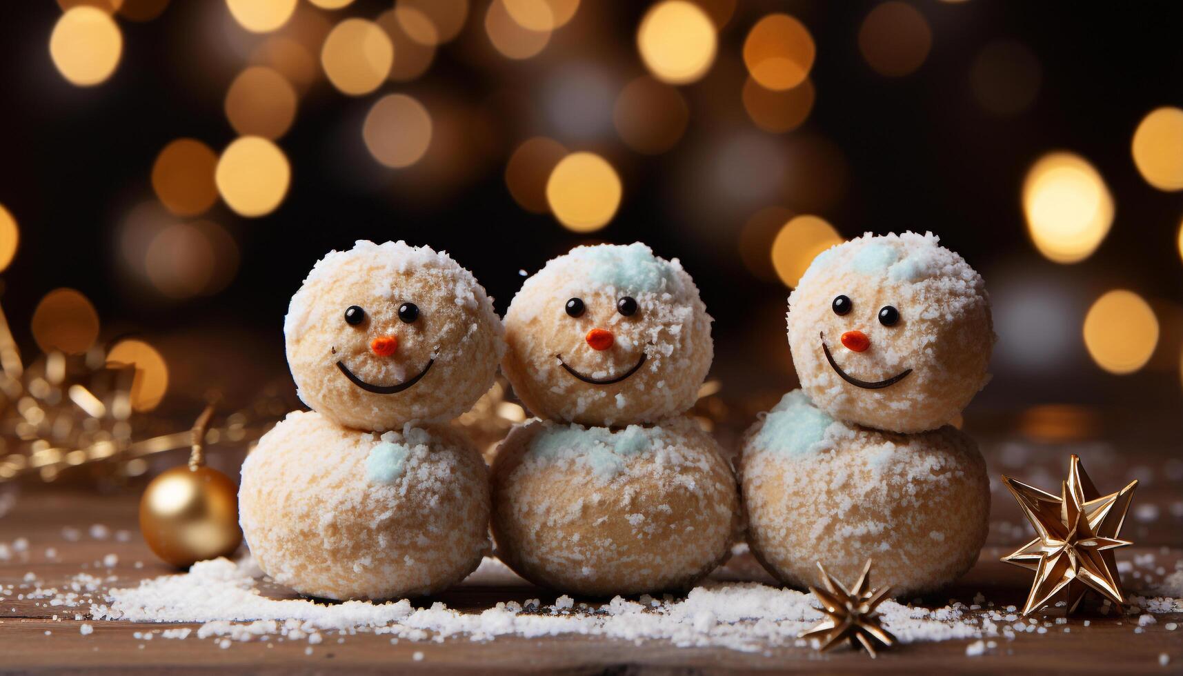 ai gerado inverno celebração boneco de neve, Natal luzes, brilhando árvore, alegre família, delicioso sobremesa gerado de ai foto