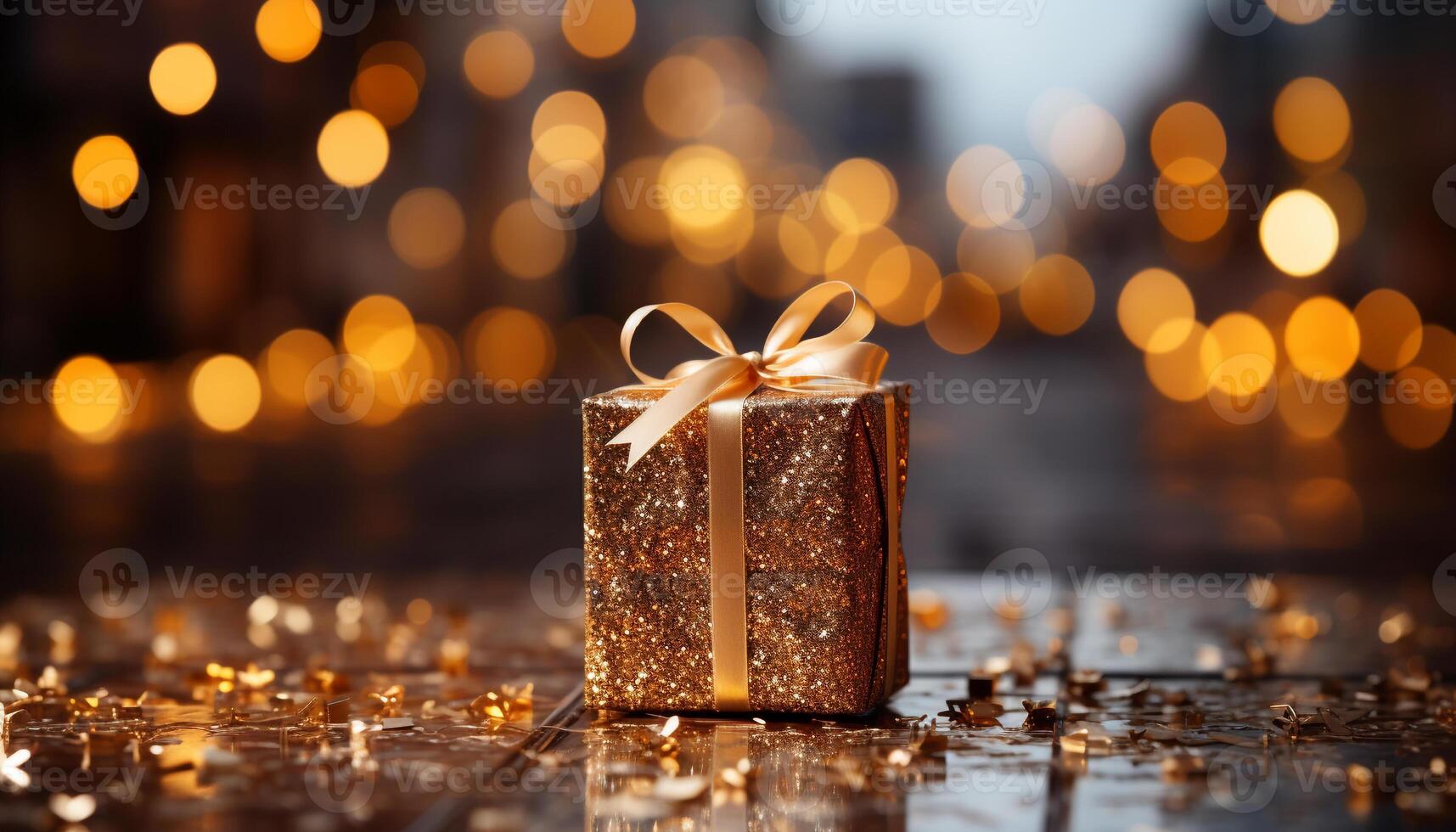 ai gerado romântico inverno celebração brilhando ouro presente em decorado mesa gerado de ai foto