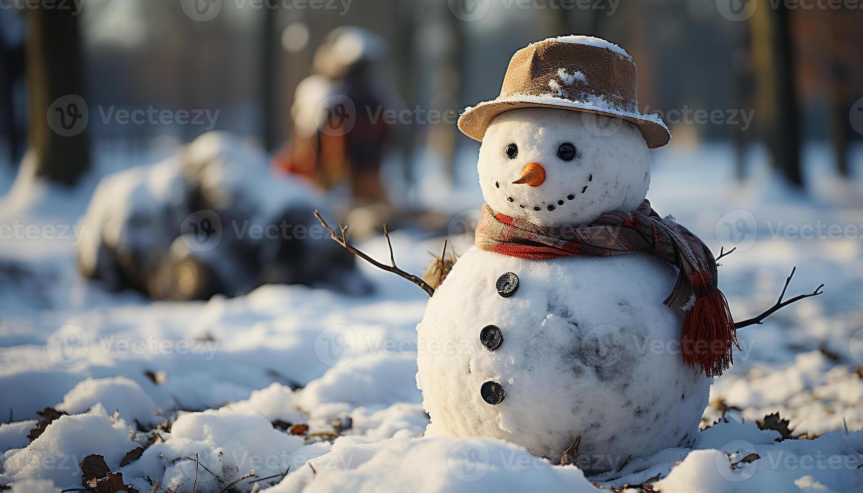 ai gerado inverno celebração sorridente boneco de neve decora gelado pinho árvore ao ar livre gerado de ai foto