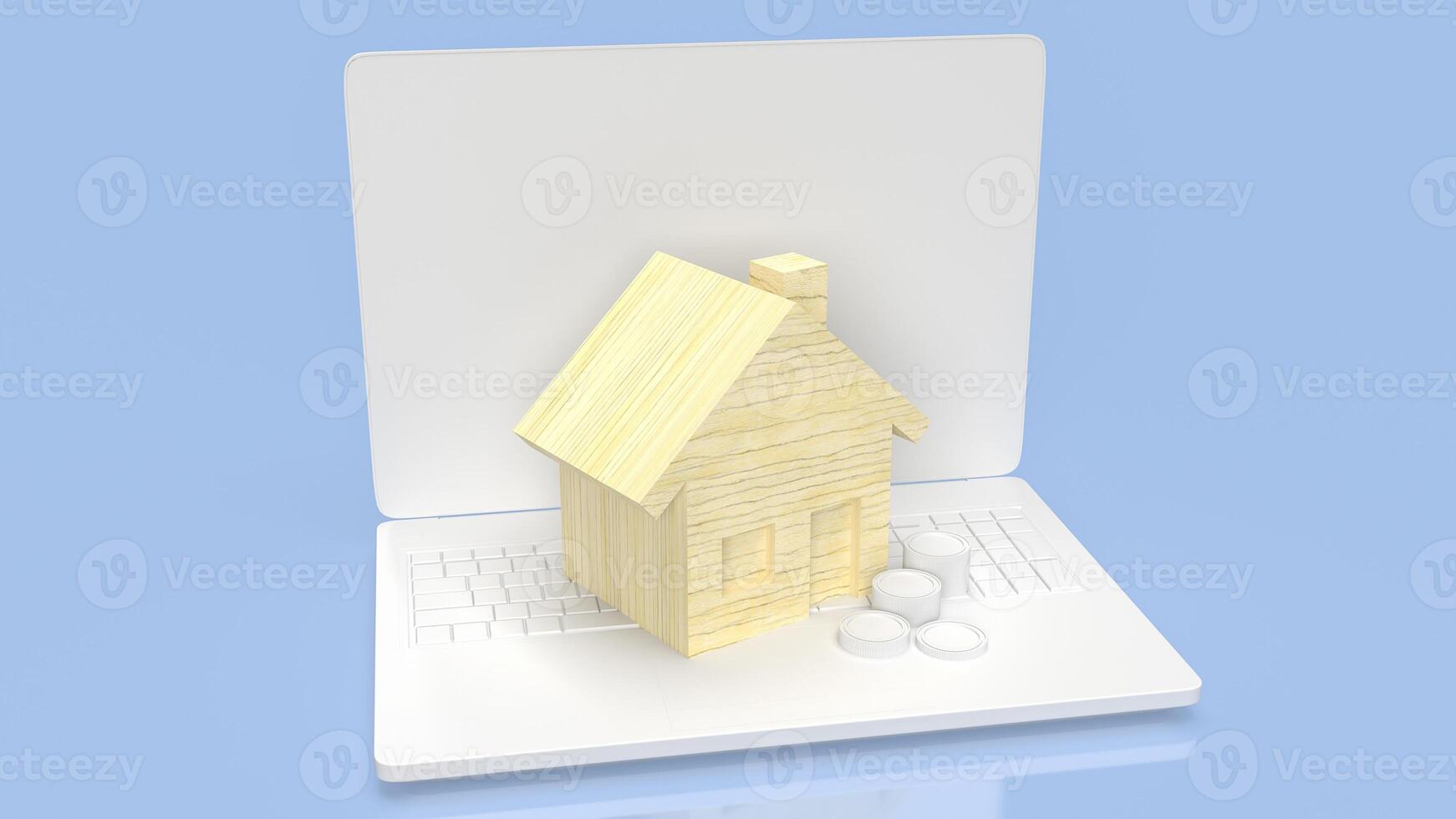 a madeira casa em computador portátil para propriedade ou real Estado conceito 3d Renderização. foto