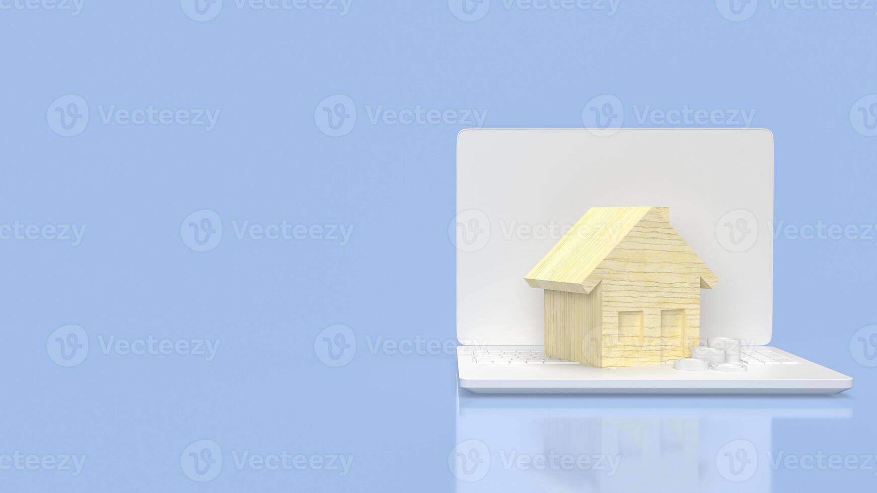 a madeira casa em computador portátil para propriedade ou real Estado conceito 3d Renderização. foto