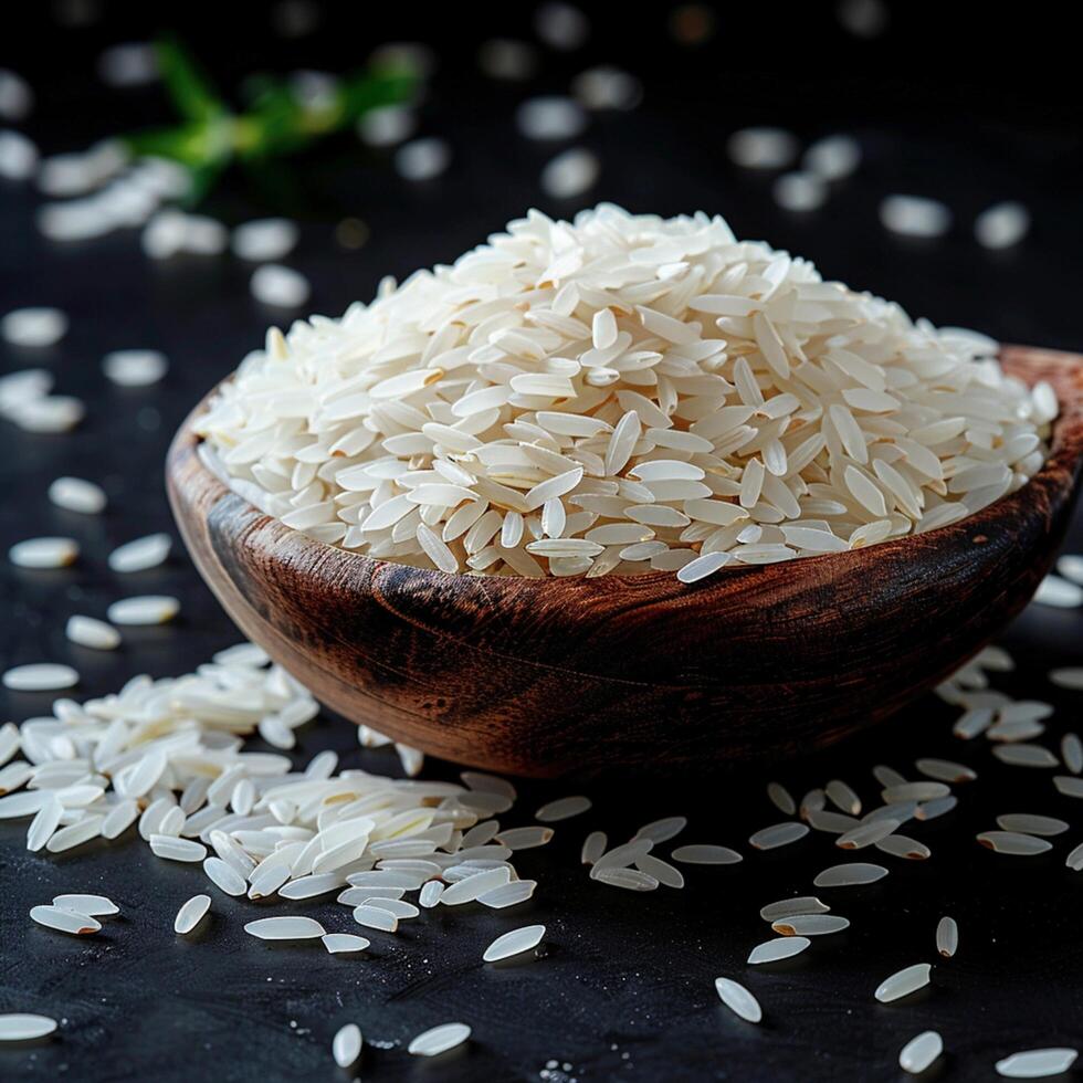 ai gerado jasmim arroz, polido e pronto para culinária, em Preto fundo para social meios de comunicação postar Tamanho foto