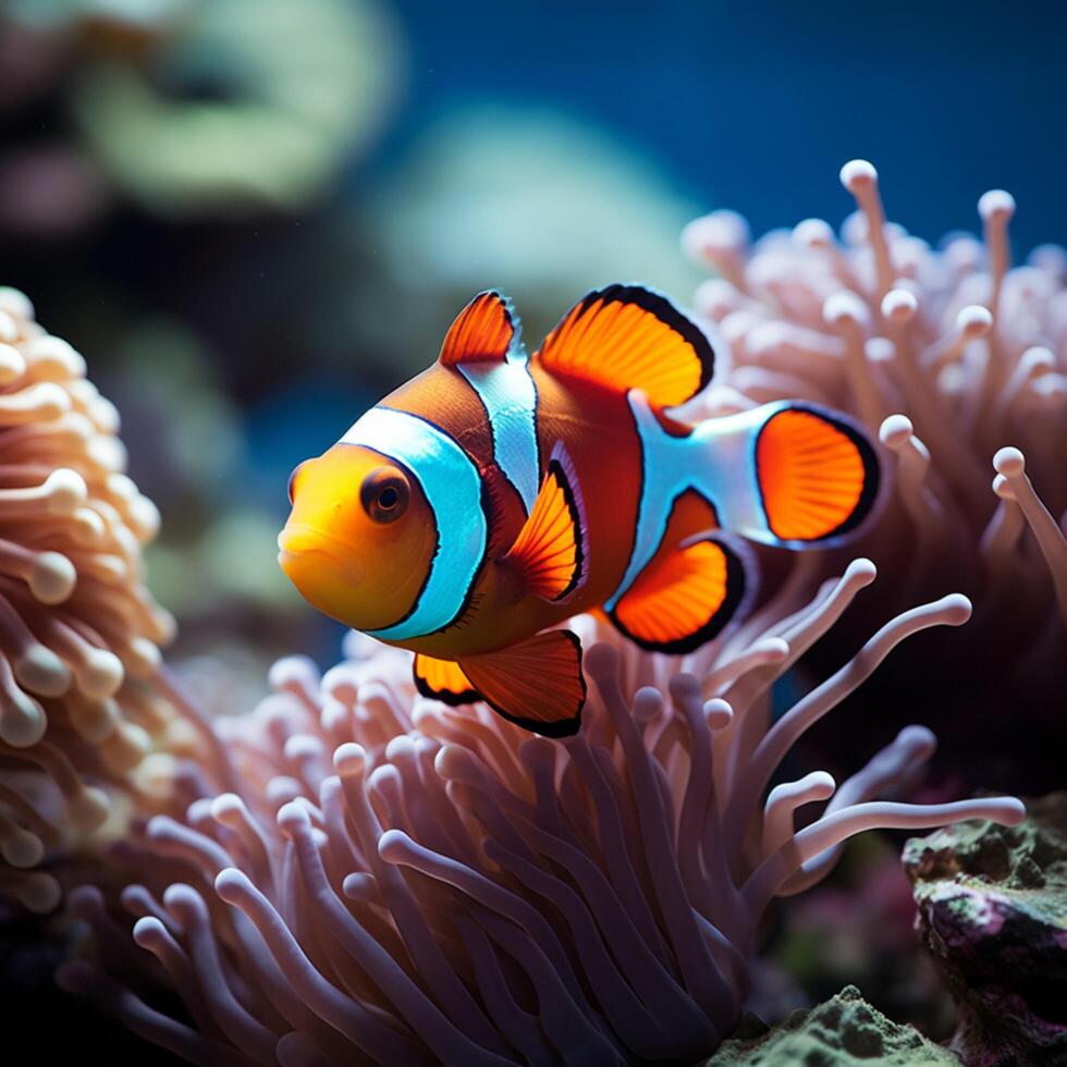 ai gerado coral sinfonia vibrante palhaço peixe nadar em meio a colorida coral recife para social meios de comunicação postar Tamanho foto