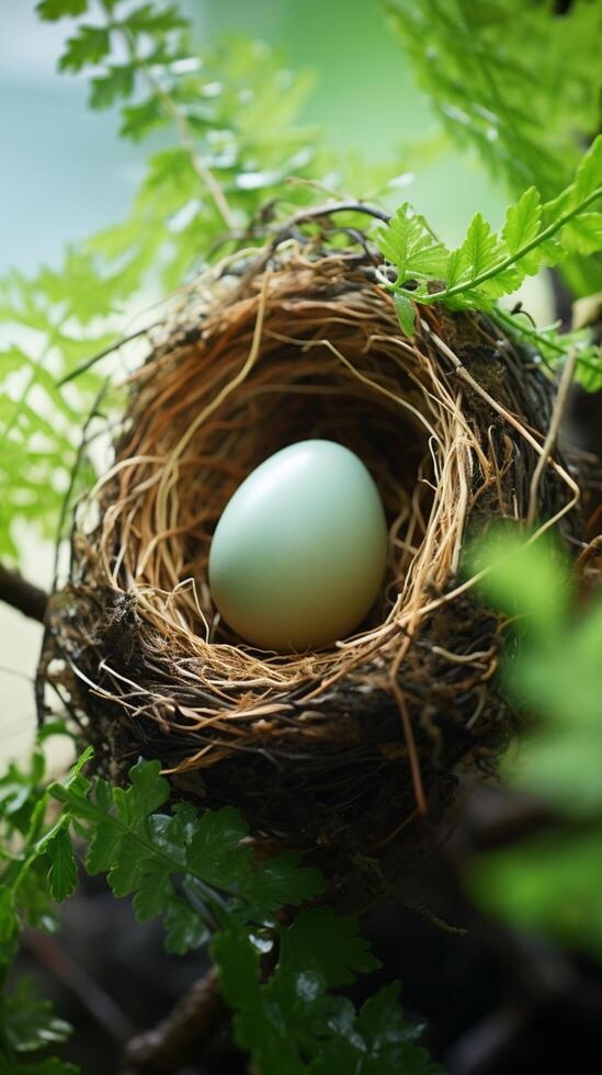 ai gerado naturezas antecipação solteiro ovo descansos dentro uma acolhedor ninho vertical Móvel papel de parede foto