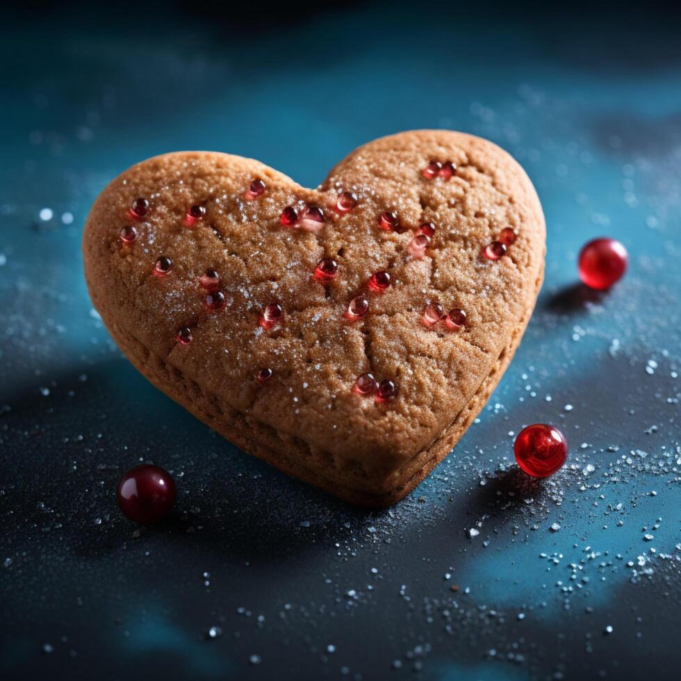 ai gerado cozido afeição coração em forma bolacha com vermelho coração em azul pano de fundo para social meios de comunicação postar Tamanho foto