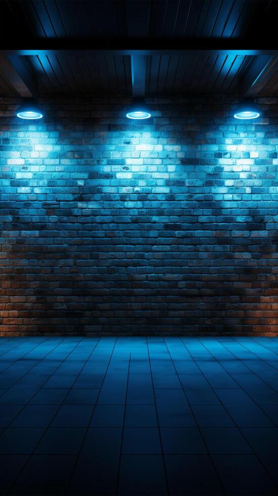 ai gerado moderno Projeto esvaziar quarto com tijolo parede e à moda azul iluminação vertical Móvel papel de parede foto