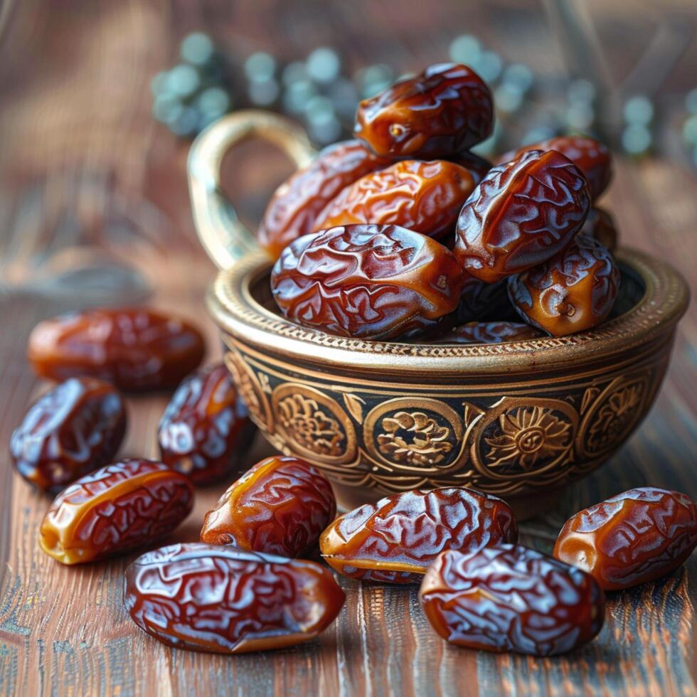 ai gerado jejum tradição Medjool datas em uma mesa, simbólico Ramadã imagens para social meios de comunicação postar Tamanho foto