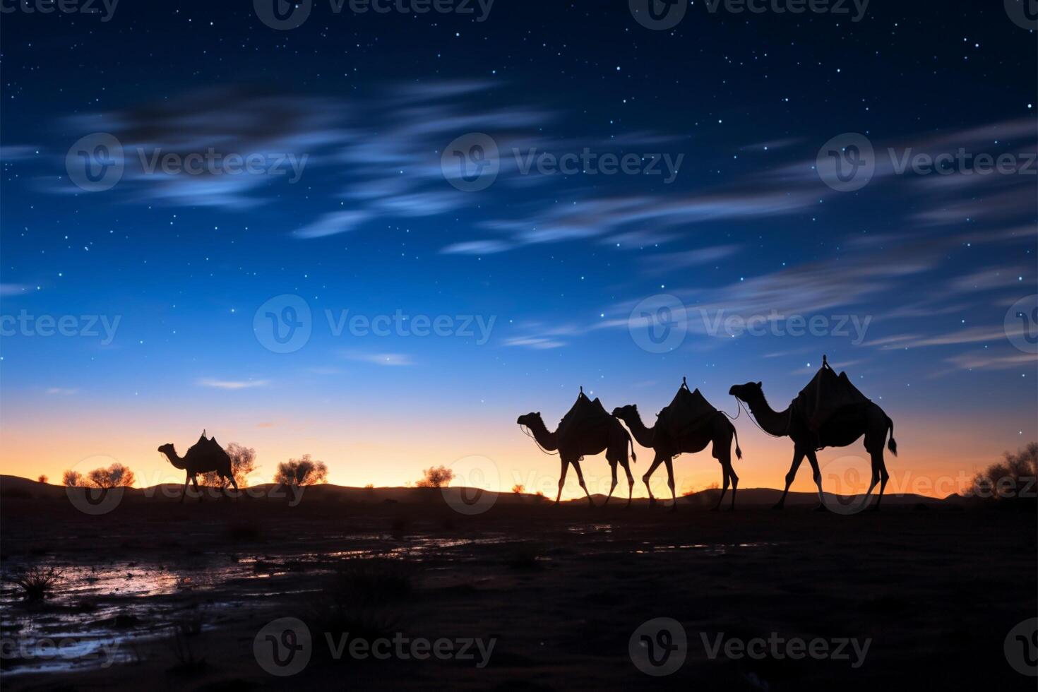 ai gerado deserto mística camelos dentro silhueta contra uma estrelado tarde céu foto