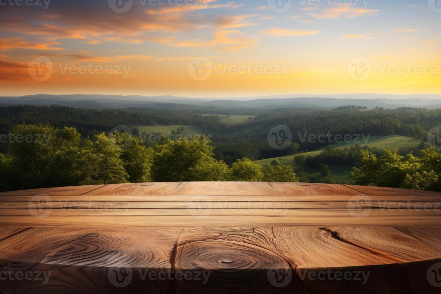 ai gerado pôr do sol mostruário esvaziar de madeira mesa contra enevoado panorama para exibição foto