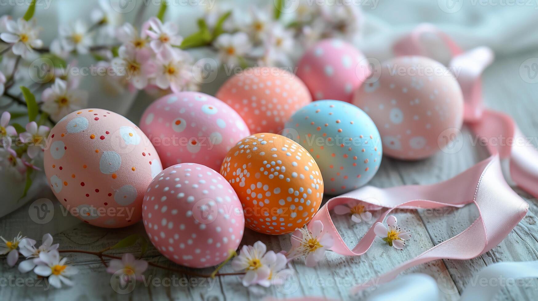 ai gerado Páscoa ovos do pastel cores. luz de madeira superfície, Primavera flores, e cetim fitas. ai gerado foto