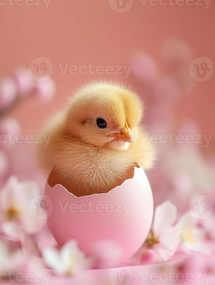 ai gerado fofa pequeno pintinho sentado dentro rachado casca de ovo. suave pastel Rosa Páscoa cumprimento cartão. ai gerado foto